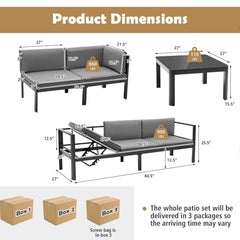 3 Piece Aluminum Patio Sofa Set, 84.5 Inch 3 Seat Sofa with 6 Level Reclining Back, Loveseat and Glass Table, Grey