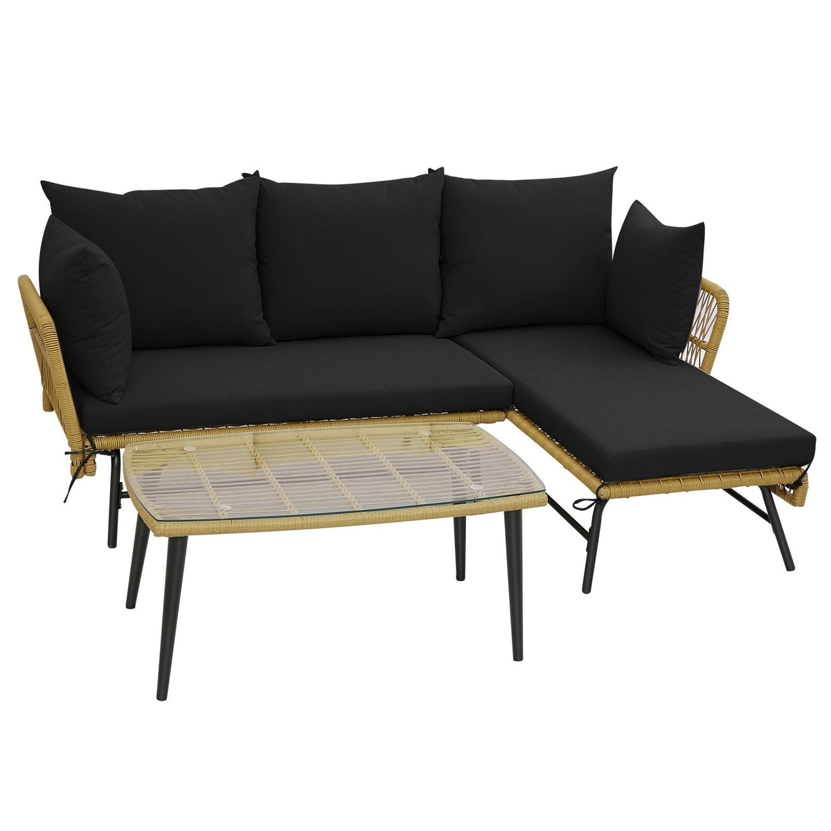 3 Piece L Shaped Patio Sofa Set, 50 in Loveseat, 51.5 in Lounger and 36.5 in Tempered Glass Coffee Table, Khaki Rattan, Black Cushions