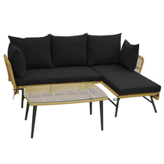 3 Piece L Shaped Patio Sofa Set, 50 in Loveseat, 51.5 in Lounger and 36.5 in Tempered Glass Coffee Table, Khaki Rattan, Black Cushions