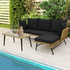 3 Piece L Shaped Patio Sofa Set, 50 in Loveseat, 51.5 in Lounger and 36.5 in Tempered Glass Coffee Table, Khaki Rattan, Black Cushions