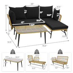 3 Piece L Shaped Patio Sofa Set, 50 in Loveseat, 51.5 in Lounger and 36.5 in Tempered Glass Coffee Table, Khaki Rattan, Black Cushions