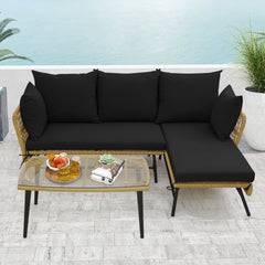 3 Piece L Shaped Patio Sofa Set, 50 in Loveseat, 51.5 in Lounger and 36.5 in Tempered Glass Coffee Table, Khaki Rattan, Black Cushions