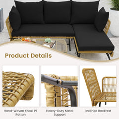 3 Piece L Shaped Patio Sofa Set, 50 in Loveseat, 51.5 in Lounger and 36.5 in Tempered Glass Coffee Table, Khaki Rattan, Black Cushions