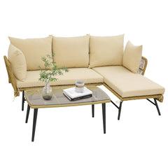 3 Piece L Shaped Patio Sofa Set, 50 in Loveseat, 51.5 in Lounger and 36.5 in Tempered Glass Coffee Table, Khaki Rattan, Beige Cushions