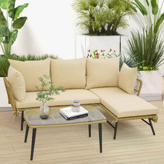 3 Piece L Shaped Patio Sofa Set, 50 in Loveseat, 51.5 in Lounger and 36.5 in Tempered Glass Coffee Table, Khaki Rattan, Beige Cushions