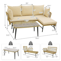 3 Piece L Shaped Patio Sofa Set, 50 in Loveseat, 51.5 in Lounger and 36.5 in Tempered Glass Coffee Table, Khaki Rattan, Beige Cushions