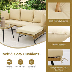 3 Piece L Shaped Patio Sofa Set, 50 in Loveseat, 51.5 in Lounger and 36.5 in Tempered Glass Coffee Table, Khaki Rattan, Beige Cushions