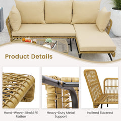3 Piece L Shaped Patio Sofa Set, 50 in Loveseat, 51.5 in Lounger and 36.5 in Tempered Glass Coffee Table, Khaki Rattan, Beige Cushions