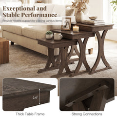 3 Pieces Nesting Coffee Table Side Table with Solid Rubber Wood Legs-Brown