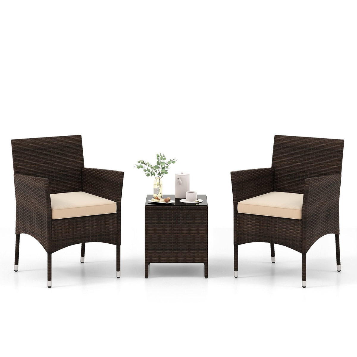 3 Piece Outdoor Wicker Conversation Set, 2 Chairs Rated 400 lb with Beige Cushions and 16 in Tempered Glass Top Table