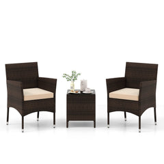 3 Piece Outdoor Wicker Conversation Set, 2 Chairs Rated 400 lb with Beige Cushions and 16 in Tempered Glass Top Table