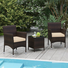 3 Piece Outdoor Wicker Conversation Set, 2 Chairs Rated 400 lb with Beige Cushions and 16 in Tempered Glass Top Table