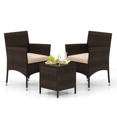 3 Piece Outdoor Wicker Conversation Set, 2 Chairs Rated 400 lb with Beige Cushions and 16 in Tempered Glass Top Table