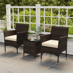 3 Piece Outdoor Wicker Conversation Set, 2 Chairs Rated 400 lb with Beige Cushions and 16 in Tempered Glass Top Table