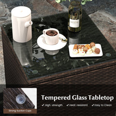 3 Piece Outdoor Wicker Conversation Set, 2 Chairs Rated 400 lb with Beige Cushions and 16 in Tempered Glass Top Table