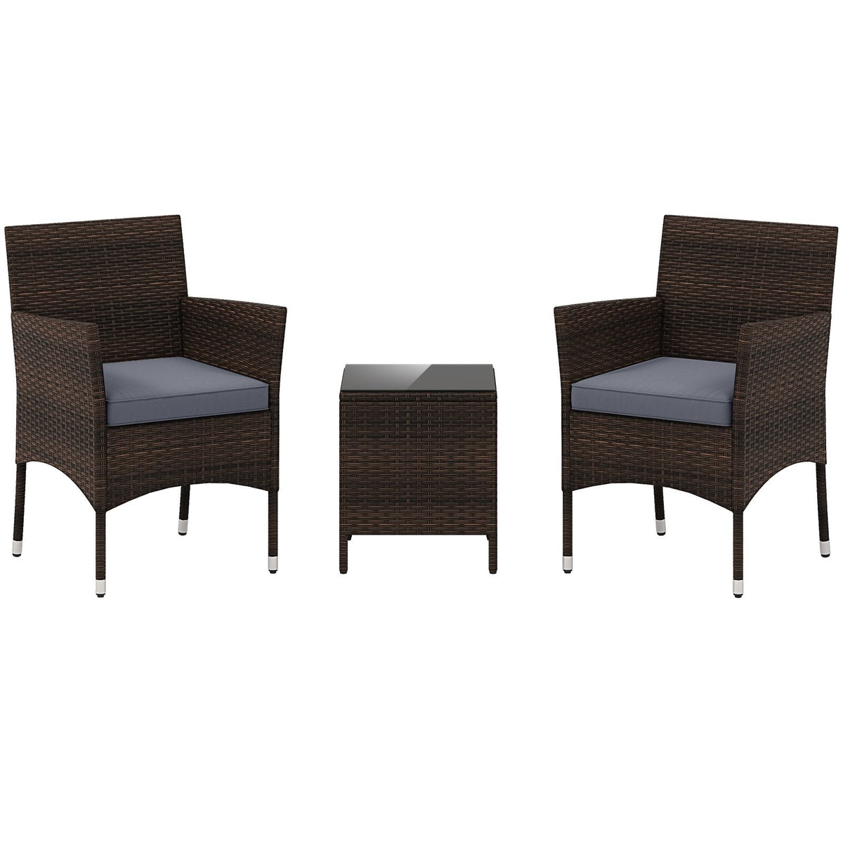 3 Piece Outdoor Wicker Conversation Set, 2 Chairs Rated 400 lb with Grey Cushions and 16 in Tempered Glass Top Table