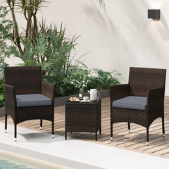 3 Piece Outdoor Wicker Conversation Set, 2 Chairs Rated 400 lb with Grey Cushions and 16 in Tempered Glass Top Table