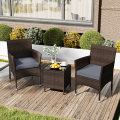 3 Piece Outdoor Wicker Conversation Set, 2 Chairs Rated 400 lb with Grey Cushions and 16 in Tempered Glass Top Table
