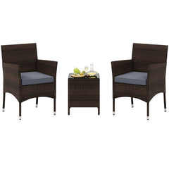 3 Piece Outdoor Wicker Conversation Set, 2 Chairs Rated 400 lb with Grey Cushions and 16 in Tempered Glass Top Table