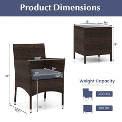 3 Piece Outdoor Wicker Conversation Set, 2 Chairs Rated 400 lb with Grey Cushions and 16 in Tempered Glass Top Table
