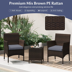 3 Piece Outdoor Wicker Conversation Set, 2 Chairs Rated 400 lb with Grey Cushions and 16 in Tempered Glass Top Table