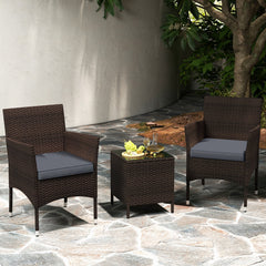 3 Piece Outdoor Wicker Conversation Set, 2 Chairs Rated 400 lb with Grey Cushions and 16 in Tempered Glass Top Table