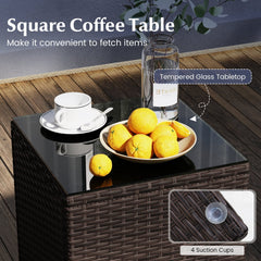3 Piece Outdoor Wicker Conversation Set, 2 Chairs Rated 400 lb with Grey Cushions and 16 in Tempered Glass Top Table