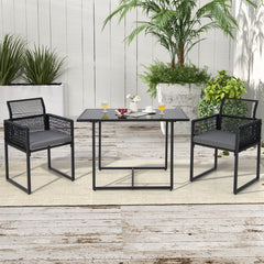 3 Piece Outdoor Dining Set for 2, 42.5 Inch Tempered Glass Table and 2 Black Rattan Chairs with Grey Cushions
