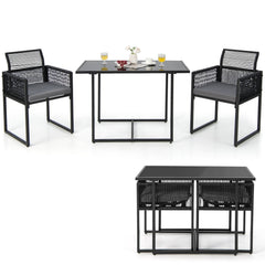 3 Piece Outdoor Dining Set for 2, 42.5 Inch Tempered Glass Table and 2 Black Rattan Chairs with Grey Cushions