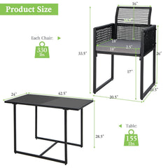 3 Piece Outdoor Dining Set for 2, 42.5 Inch Tempered Glass Table and 2 Black Rattan Chairs with Grey Cushions