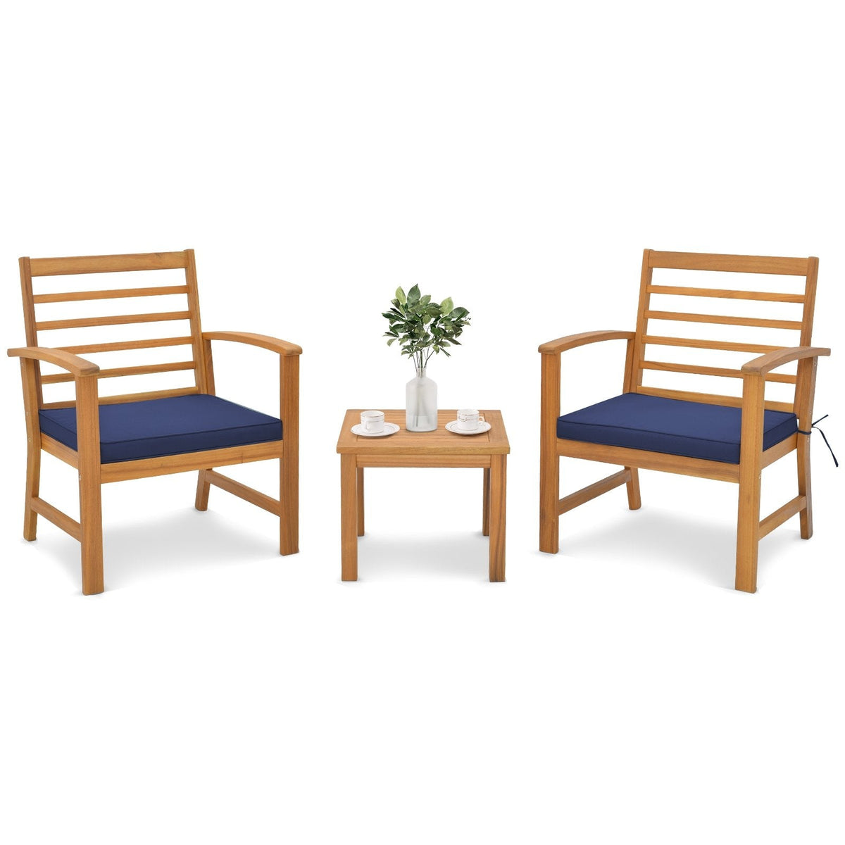 3 Piece Acacia Wood Patio Set, 2 Slatted Back Chairs Rated 400 lb with Navy Cushions on Fixing Ties and 17.5 in Coffee Table