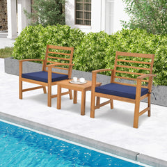 3 Piece Acacia Wood Patio Set, 2 Slatted Back Chairs Rated 400 lb with Navy Cushions on Fixing Ties and 17.5 in Coffee Table
