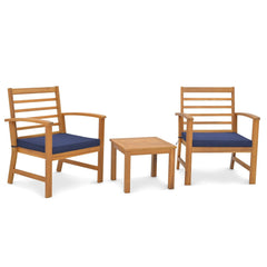 3 Piece Acacia Wood Patio Set, 2 Slatted Back Chairs Rated 400 lb with Navy Cushions on Fixing Ties and 17.5 in Coffee Table