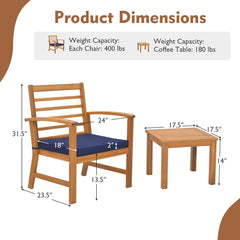 3 Piece Acacia Wood Patio Set, 2 Slatted Back Chairs Rated 400 lb with Navy Cushions on Fixing Ties and 17.5 in Coffee Table
