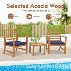 3 Piece Acacia Wood Patio Set, 2 Slatted Back Chairs Rated 400 lb with Navy Cushions on Fixing Ties and 17.5 in Coffee Table