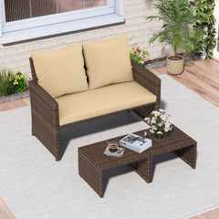 3 Piece Outdoor Wicker Loveseat Set, 41.5 in Loveseat Rated 800 lb with 2 Multi Use Ottomans Rated 400 lb That Tuck Underneath, Beige