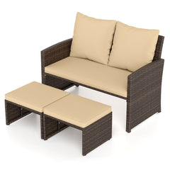 3 Piece Outdoor Wicker Loveseat Set, 41.5 in Loveseat Rated 800 lb with 2 Multi Use Ottomans Rated 400 lb That Tuck Underneath, Beige