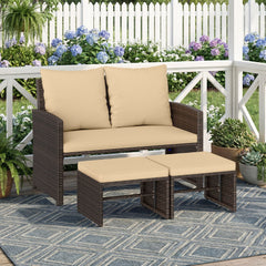 3 Piece Outdoor Wicker Loveseat Set, 41.5 in Loveseat Rated 800 lb with 2 Multi Use Ottomans Rated 400 lb That Tuck Underneath, Beige