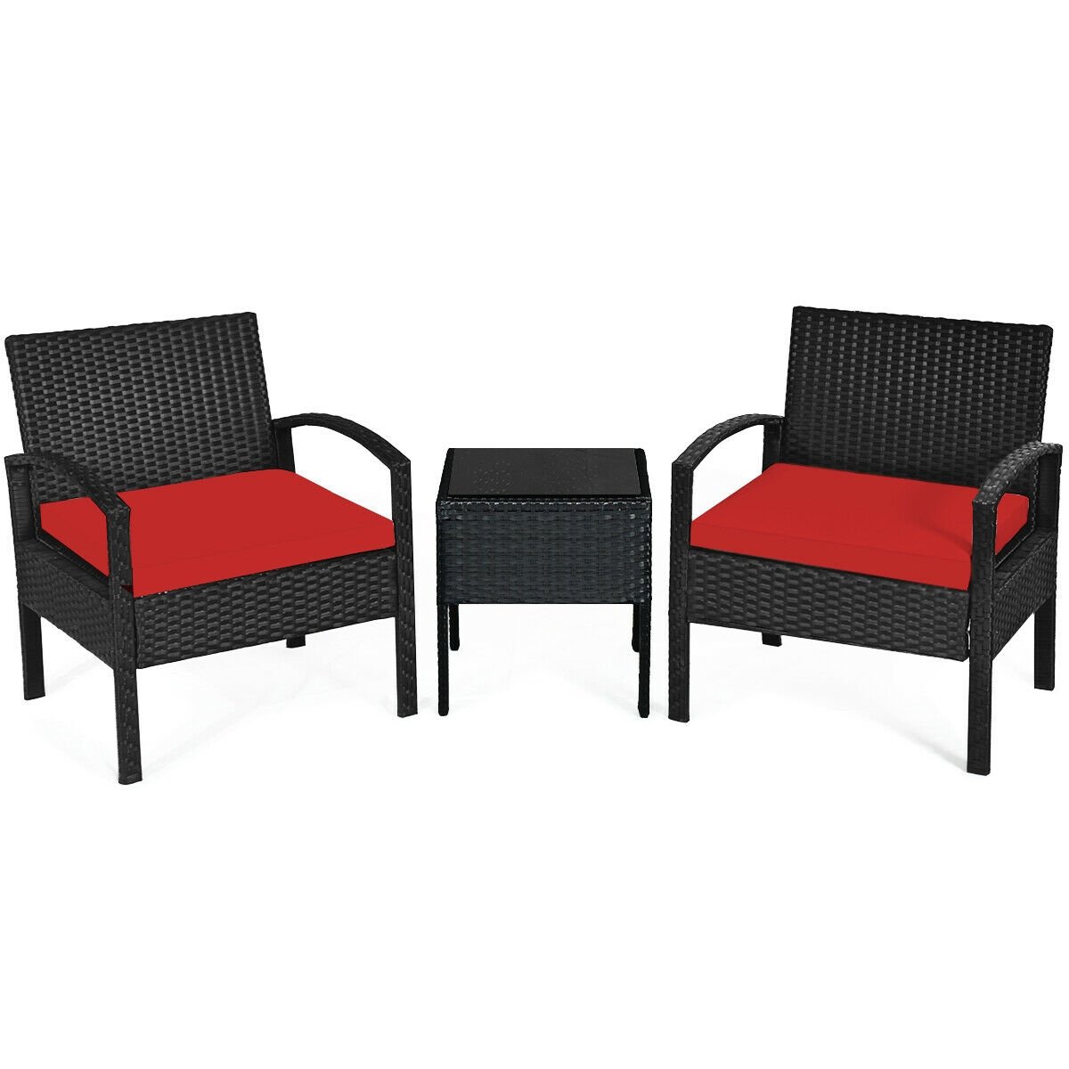 3 Piece Outdoor Rattan Conversation Set, 2 Wicker Chairs with Thick Red Cushions and 16 in Tempered Glass Coffee Table