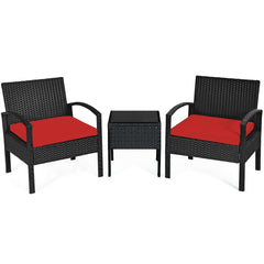 3 Piece Outdoor Rattan Conversation Set, 2 Wicker Chairs with Thick Red Cushions and 16 in Tempered Glass Coffee Table