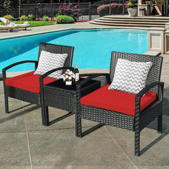 3 Piece Outdoor Rattan Conversation Set, 2 Wicker Chairs with Thick Red Cushions and 16 in Tempered Glass Coffee Table
