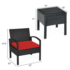 3 Piece Outdoor Rattan Conversation Set, 2 Wicker Chairs with Thick Red Cushions and 16 in Tempered Glass Coffee Table