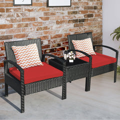 3 Piece Outdoor Rattan Conversation Set, 2 Wicker Chairs with Thick Red Cushions and 16 in Tempered Glass Coffee Table