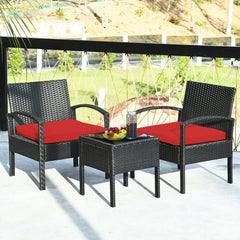 3 Piece Outdoor Rattan Conversation Set, 2 Wicker Chairs with Thick Red Cushions and 16 in Tempered Glass Coffee Table