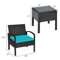 3 Piece Outdoor Rattan Conversation Set, 2 Wicker Chairs with Thick Turquoise Cushions and 16 in Tempered Glass Coffee Table