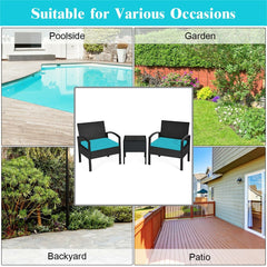3 Piece Outdoor Rattan Conversation Set, 2 Wicker Chairs with Thick Turquoise Cushions and 16 in Tempered Glass Coffee Table