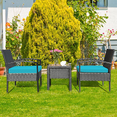 3 Piece Outdoor Rattan Conversation Set, 2 Wicker Chairs with Thick Turquoise Cushions and 16 in Tempered Glass Coffee Table
