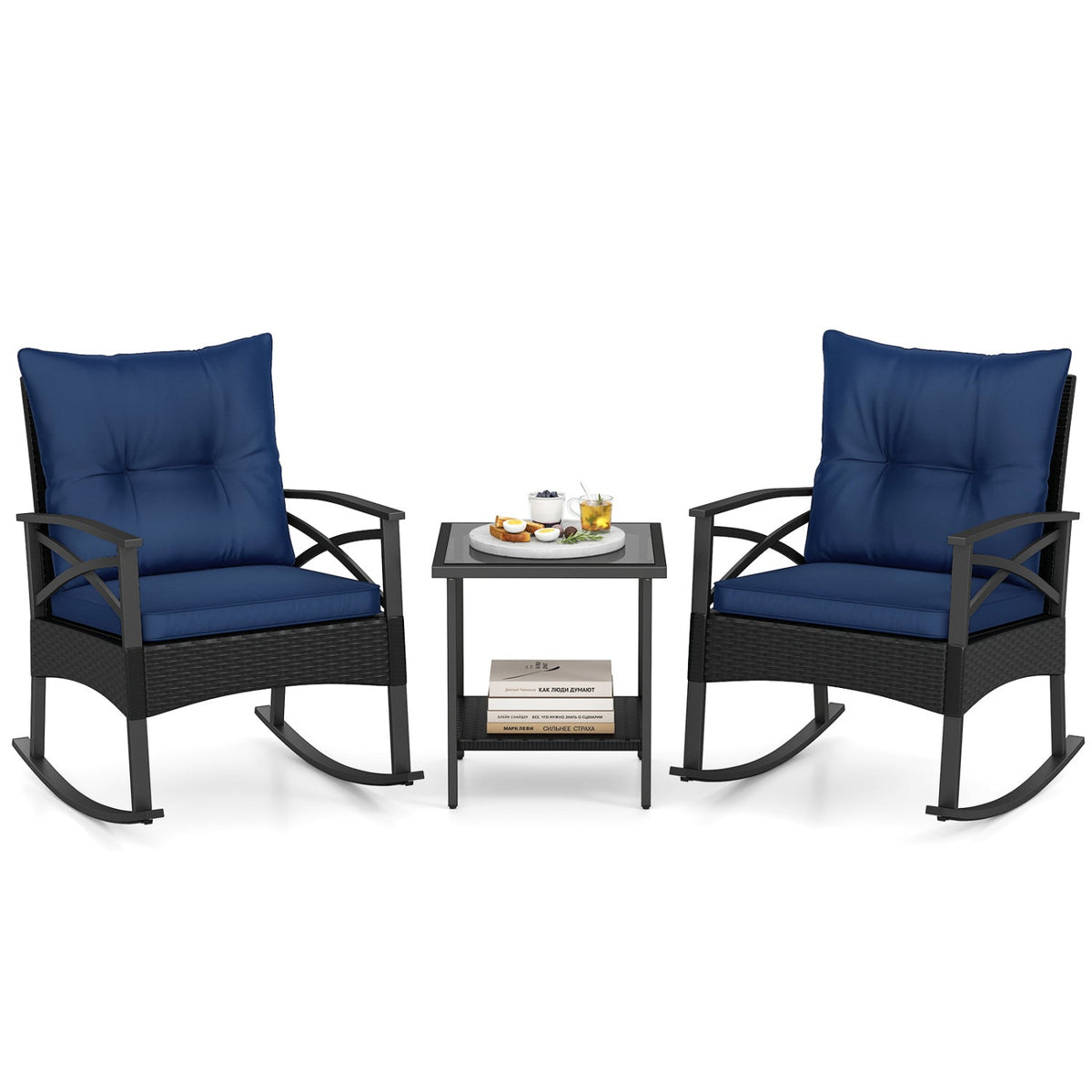 3 Piece Outdoor Rattan Rocking Chair Set, 2 Rockers Rated 400 lb with 4 in Navy Cushions and 2 Tier Side Table