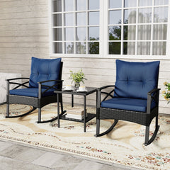 3 Piece Outdoor Rattan Rocking Chair Set, 2 Rockers Rated 400 lb with 4 in Navy Cushions and 2 Tier Side Table