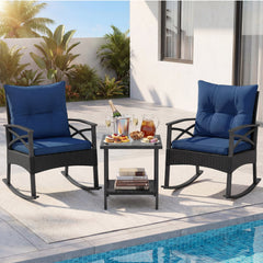 3 Piece Outdoor Rattan Rocking Chair Set, 2 Rockers Rated 400 lb with 4 in Navy Cushions and 2 Tier Side Table
